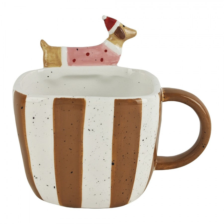 Weihnachtsbecher Keramik Braun-Weiß Gestreift mit Lebkuchen 14x10x11 cm 400 ml von Clayre & Eef (6CEMU0245)