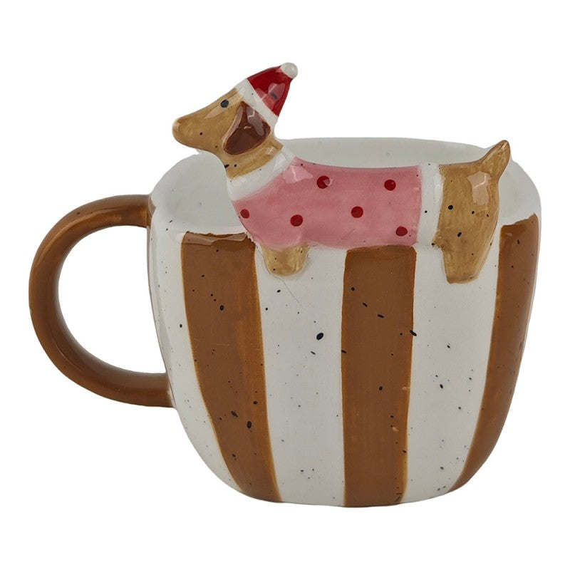 Weihnachtsbecher Keramik Braun-Weiß Gestreift mit Lebkuchen 14x10x11 cm 400 ml von Clayre & Eef (6CEMU0245)