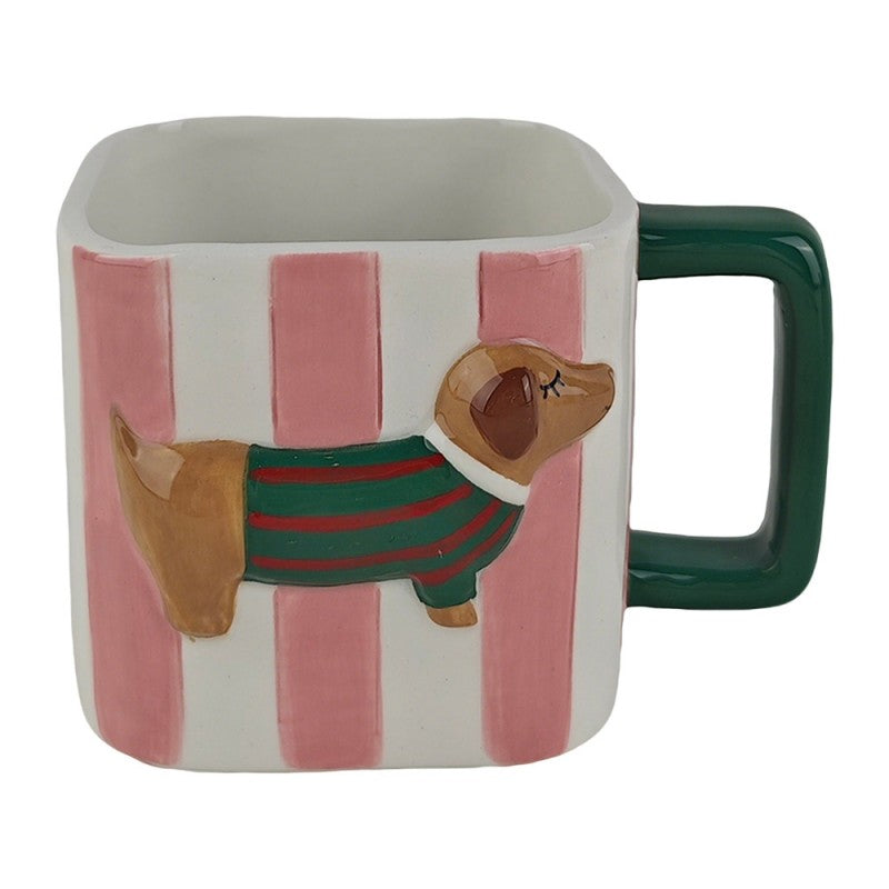 Weihnachtsbecher Keramik Gestreift mit Relief Rosa-Weiß-Grün 13x9x9 cm 300 ml von Clayre & Eef (6CEMU0248)