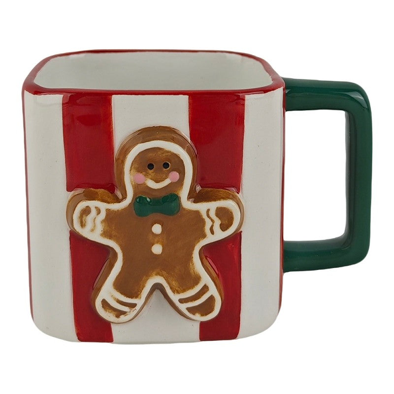 Weihnachtsbecher Keramik Gestreift Grüner Henkel Rot-Weiß-Grün 13x9x9 cm 300 ml von Clayre & Eef (6CEMU0249)