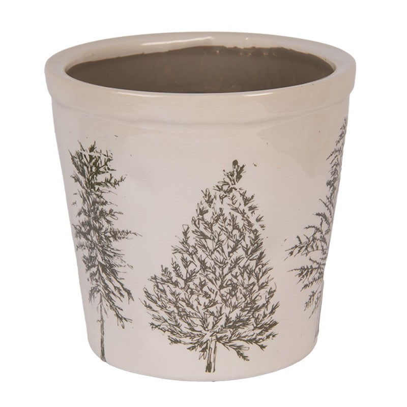Clayre & Eef Blumentopf „Winter-Tannen“ aus Keramik in Beige-Grün, Ø 17 cm (6CENPT0001L)