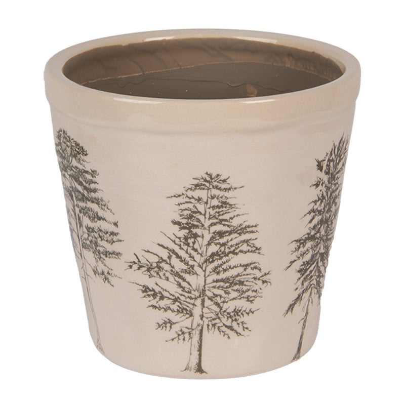 Clayre & Eef Blumentopf „Winter-Tannen“ aus Keramik in Beige-Grün, Ø 15 cm (6CENPT0001M)