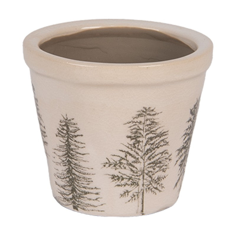 Clayre & Eef Blumentopf „Winter-Tannen“ aus Keramik in Beige-Grün, Ø 8 cm (6CENPT0001XS)