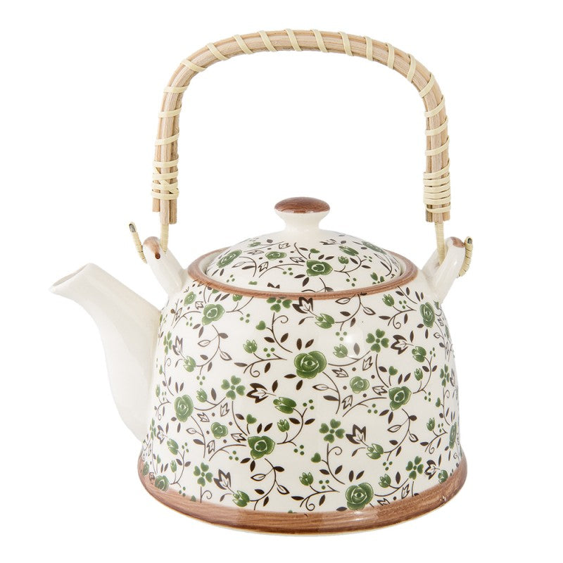 Teekanne mit Filter und Bambusgriff 700 ml Keramik Grün Streublumen 18x14x12 cm von Clayre & Eef (6CETE0001)