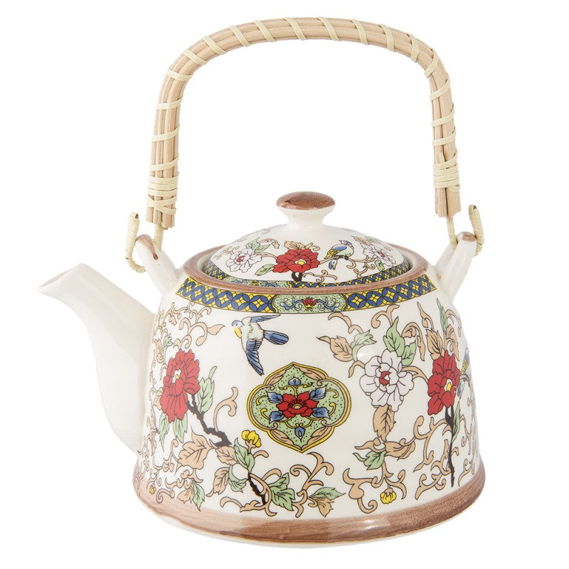 Teekanne mit Filter und Bambusgriff 700 ml Keramik Beige Rot Vögel Blumen 18x14x12 cm von Clayre & Eef (6CETE0002)