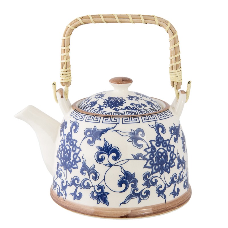 Teekanne mit Filter und Bambusgriff 700 ml Keramik Blau Weiß Lotus 18x14x12 cm von Clayre & Eef (6CETE0004)