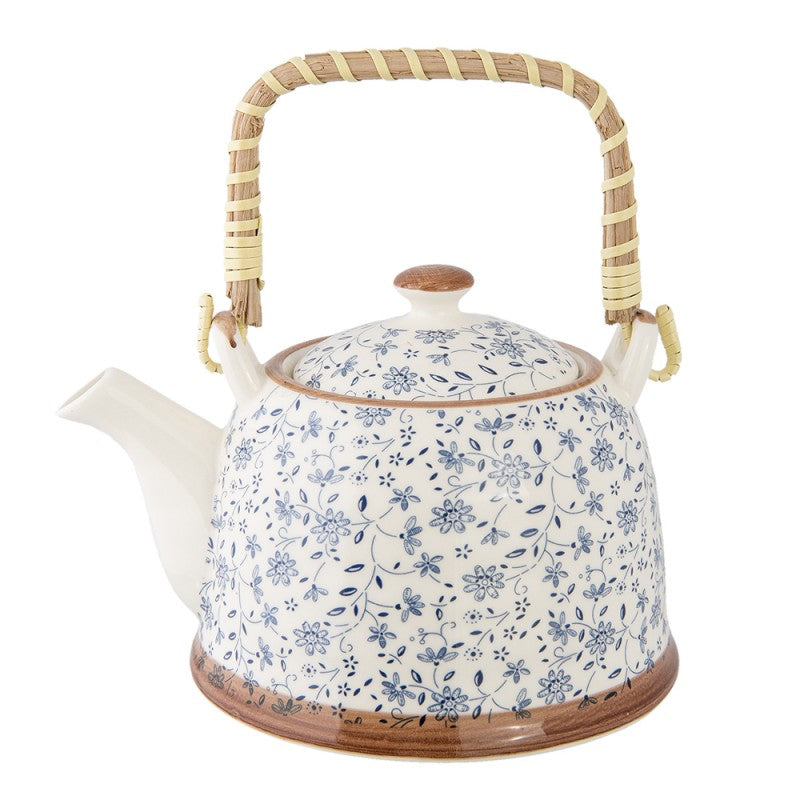Teekanne mit Filter und Bambusgriff 700 ml Keramik Blau Weiß Wiesenblumen 18x14x12 cm von Clayre & Eef (6CETE0012)