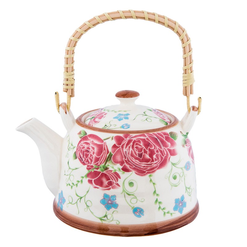 Teekanne mit Filter und Bambusgriff 700 ml Keramik Pfingstrosen Rosa Blau 18x14x12 cm von Clayre & Eef (6CETE0020)