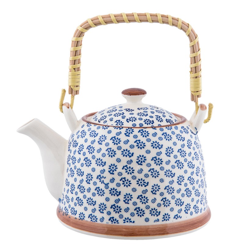 Teekanne mit Filter und Bambusgriff 700 ml Keramik Blau Weiß Streublumen 18x14x12 cm von Clayre & Eef (6CETE0022)