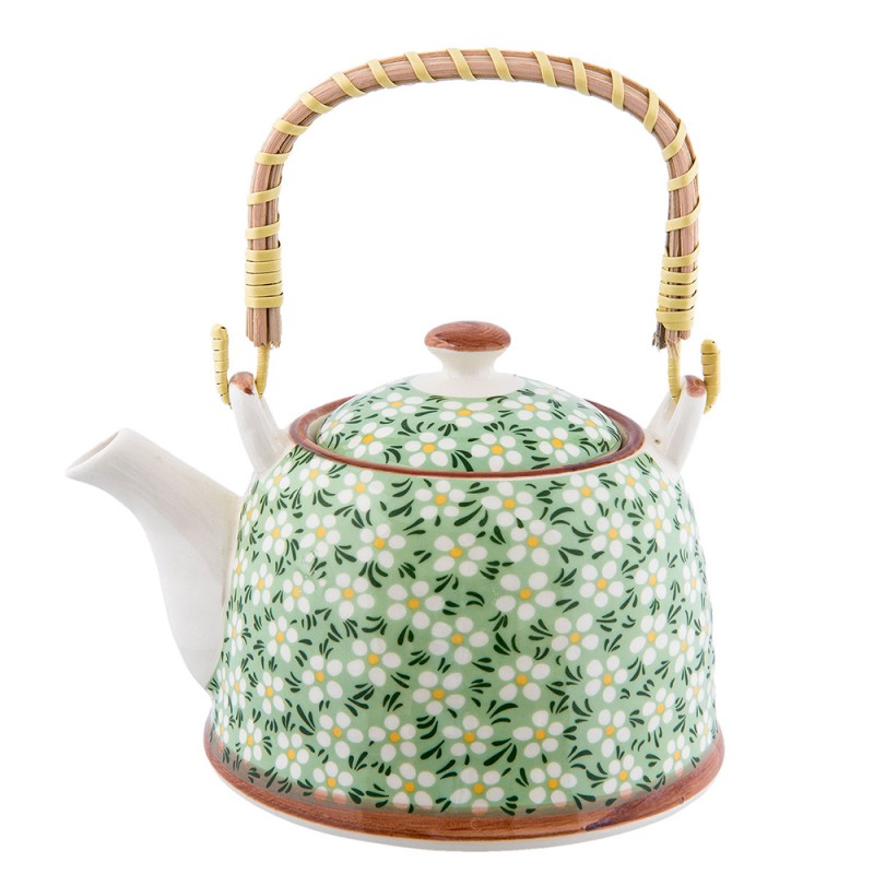 Teekanne mit Filter und Bambusgriff 700 ml Keramik Salbeigrün Gänseblümchen 18x14x12 cm von Clayre & Eef (6CETE0023)