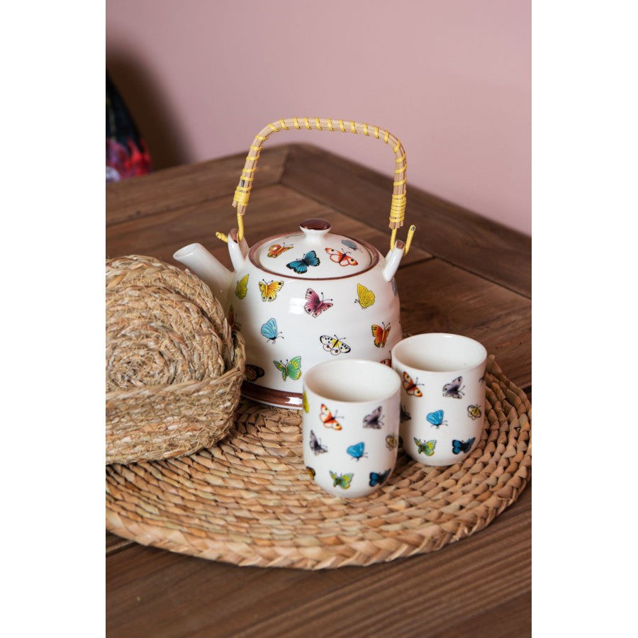 Teekanne mit Filter und Bambusgriff 700 ml Keramik Beige Schmetterlinge 18x14x12 cm von Clayre & Eef (6CETE0025)