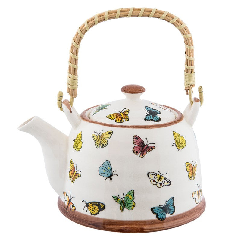 Teekanne mit Filter und Bambusgriff 700 ml Keramik Beige Schmetterlinge 18x14x12 cm von Clayre & Eef (6CETE0025)