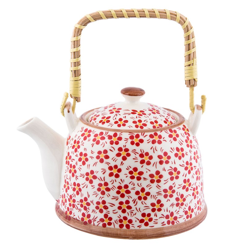 Teekanne mit Filter und Bambusgriff 700 ml Keramik Rot Weiß Gänseblümchen 18x14x12 cm von Clayre & Eef (6CETE0031)