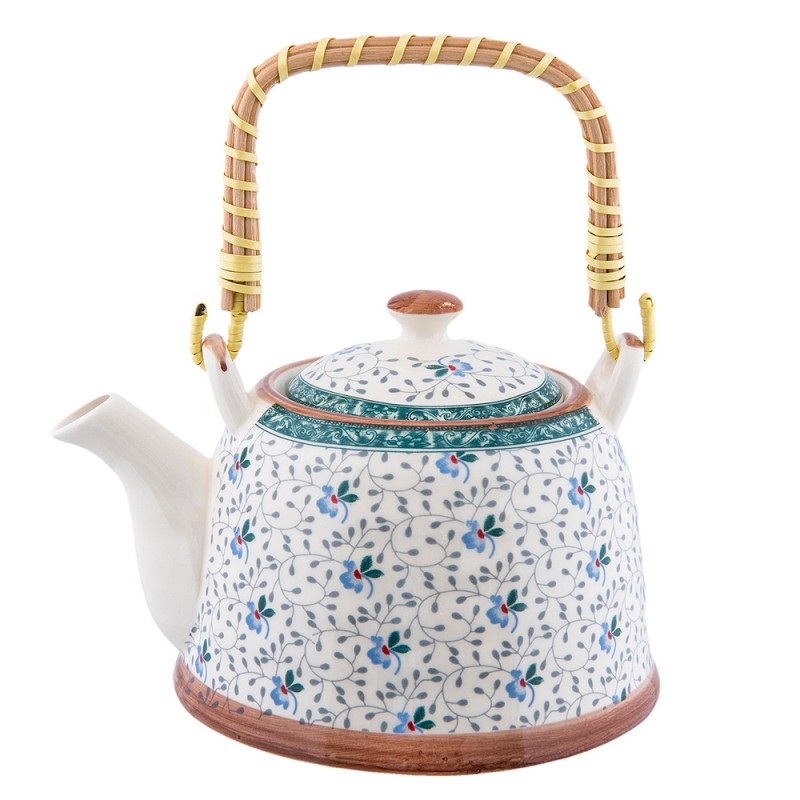 Teekanne mit Filter und Bambusgriff 700 ml Keramik Blau Ranken Grüne Borte 18x14x12 cm von Clayre & Eef (6CETE0046)