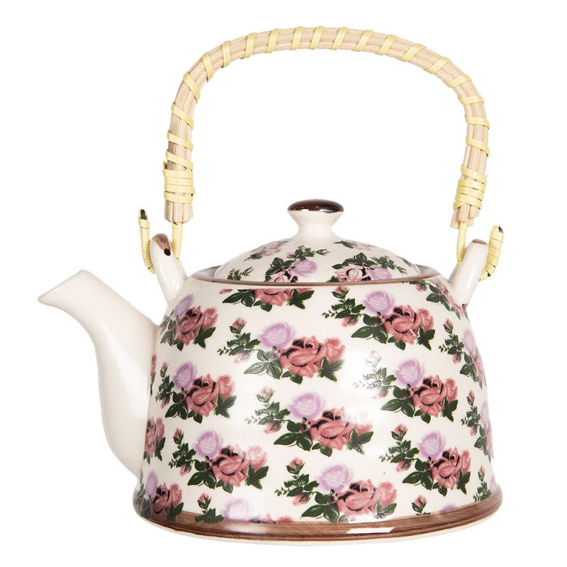 Teekanne mit Filter und Bambusgriff 800 ml Porzellan Beige Rosa Flieder Rosen 18x14x12 cm von Clayre & Eef (6CETE0070L)