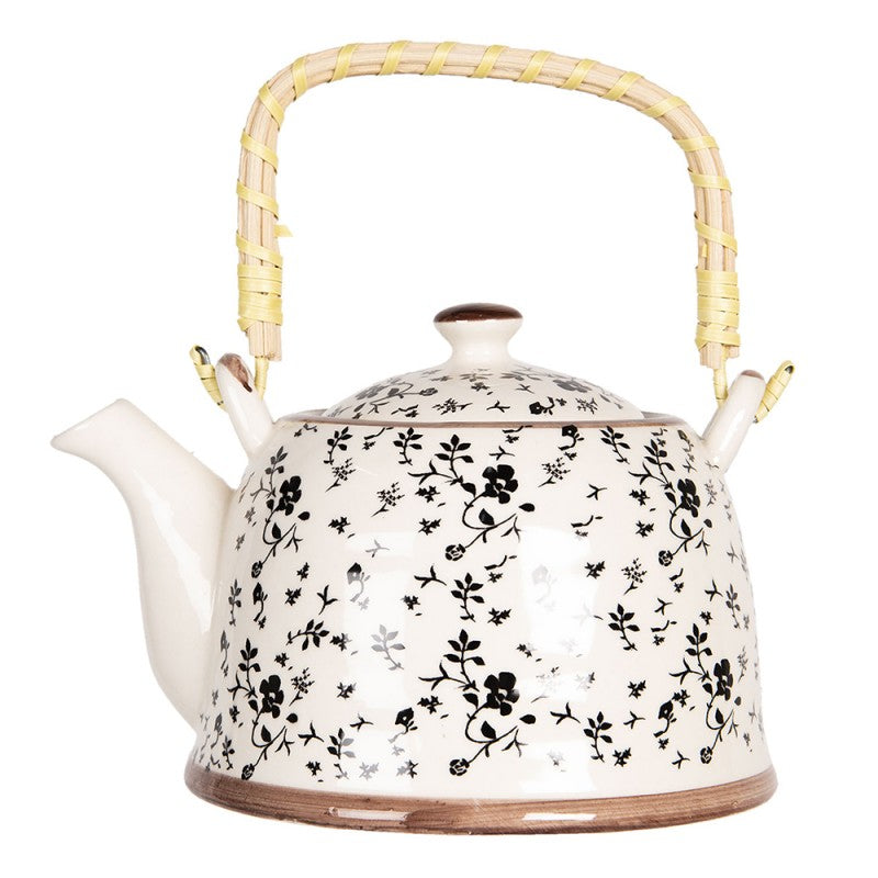 Teekanne mit Filter und Bambusgriff 800 ml Porzellan Schwarz Creme Blumen 18x14x12 cm von Clayre & Eef (6CETE0081L)