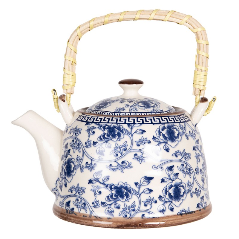 Teekanne mit Filter und Bambusgriff 800 ml Porzellan Blau Weiß Lotus 18x14x12 cm von Clayre & Eef (6CETE0087)