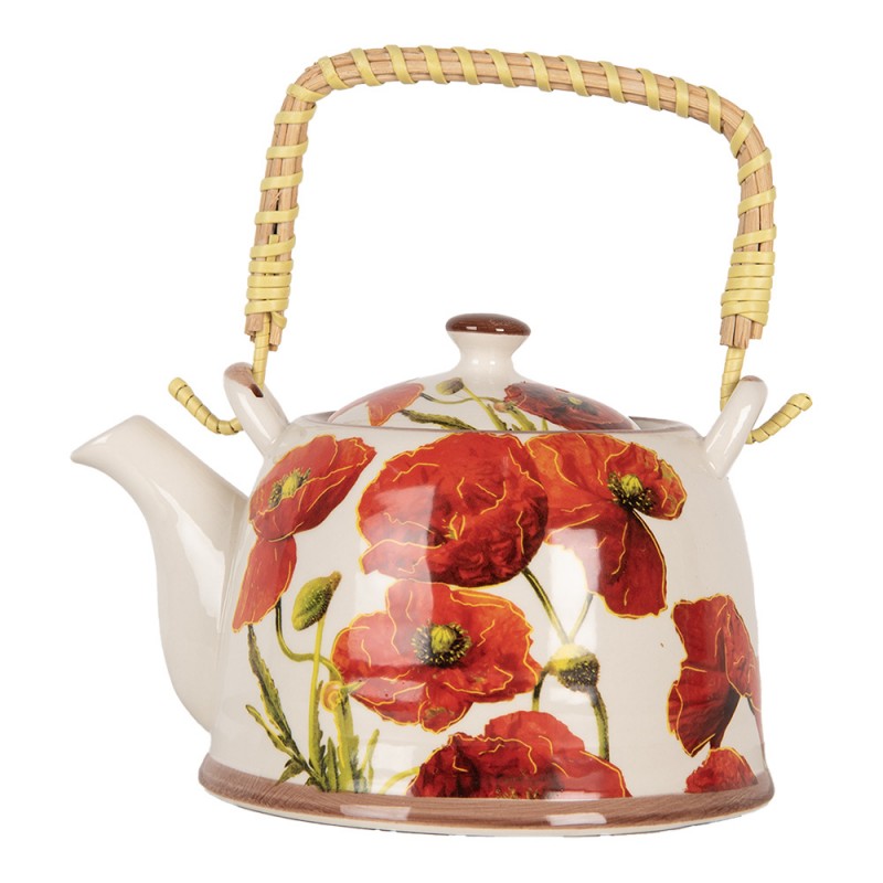 Teekanne mit Filter und Bambusgriff 800 ml Keramik Weiß Rot Klatschmohn 18x14x12 cm von Clayre & Eef (6CETE0171)