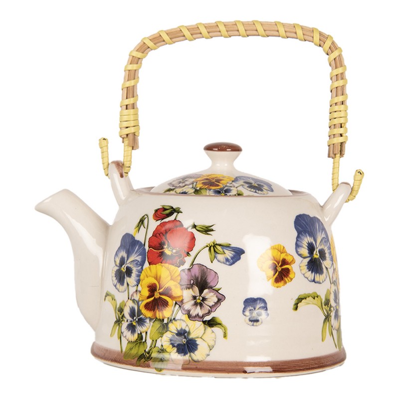 Teekanne mit Filter und Bambusgriff 800 ml Keramik Stiefmütterchen Bunt 18x14x12 cm von Clayre & Eef (6CETE0172)