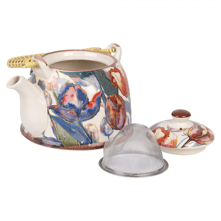 Teekanne mit Filter und Bambusgriff 800 ml Keramik Tulpen Bunt Blau Rot 18x14x12 cm von Clayre & Eef (6CETE0179)