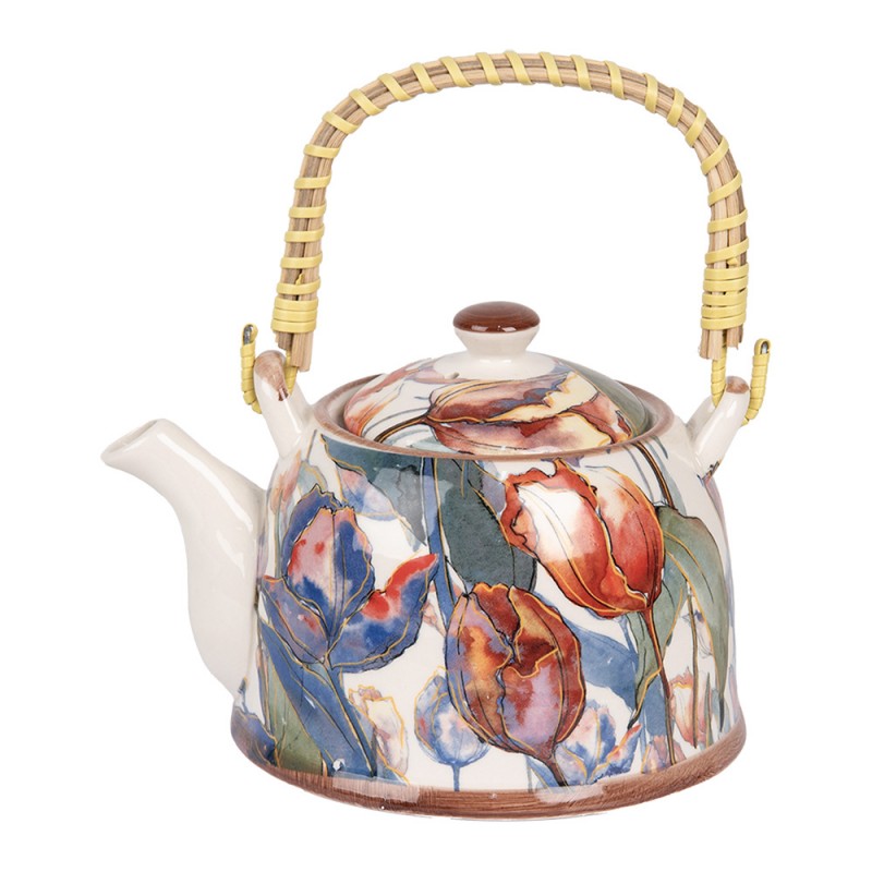 Teekanne mit Filter und Bambusgriff 800 ml Keramik Tulpen Bunt Blau Rot 18x14x12 cm von Clayre & Eef (6CETE0179)
