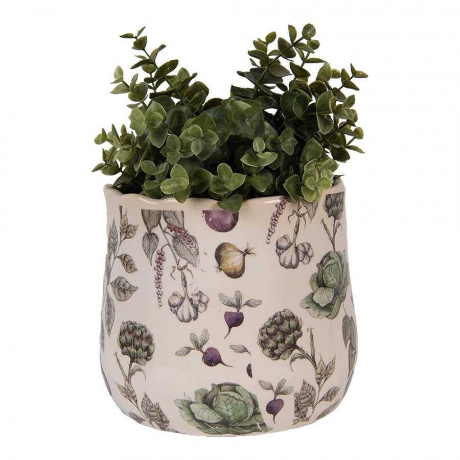 Clayre & Eef Blumentopf „The Kitchen Garden“ Gemüse-Beet aus Keramik in Beige, Ø 18 cm (6CETKG0001M)