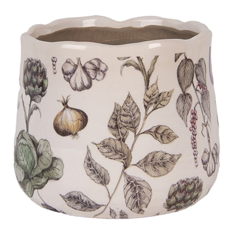 Clayre & Eef Blumentopf „The Kitchen Garden“ Gemüse-Beet aus Keramik in Beige, Ø 14 cm (6CETKG0001S)