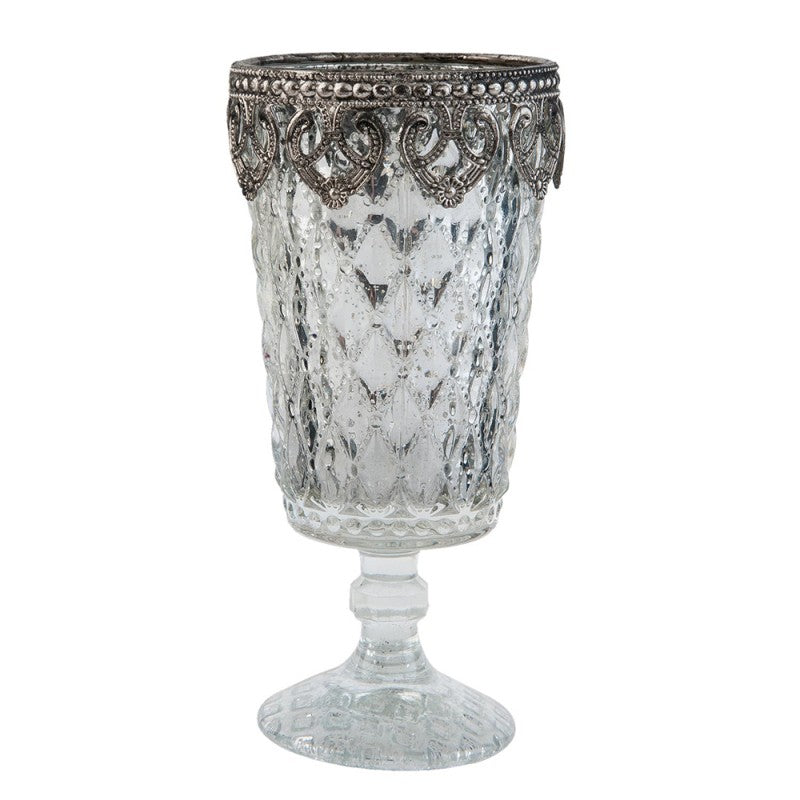Clayre & Eef Teelichthalter Pokalkelch auf Fuss Bauernsilber Diamantrelief Barocker Metall Zierkragen Ø 8x16 cm (6GL1852)