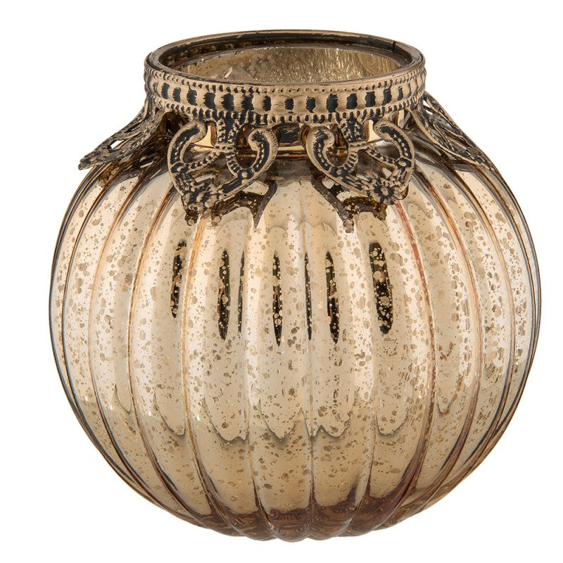 Clayre & Eef Teelichthalter Bauernsilber Kugel geriffelt Barockkragen Antikgold Champagner Ø 10x10 cm (6GL2209)