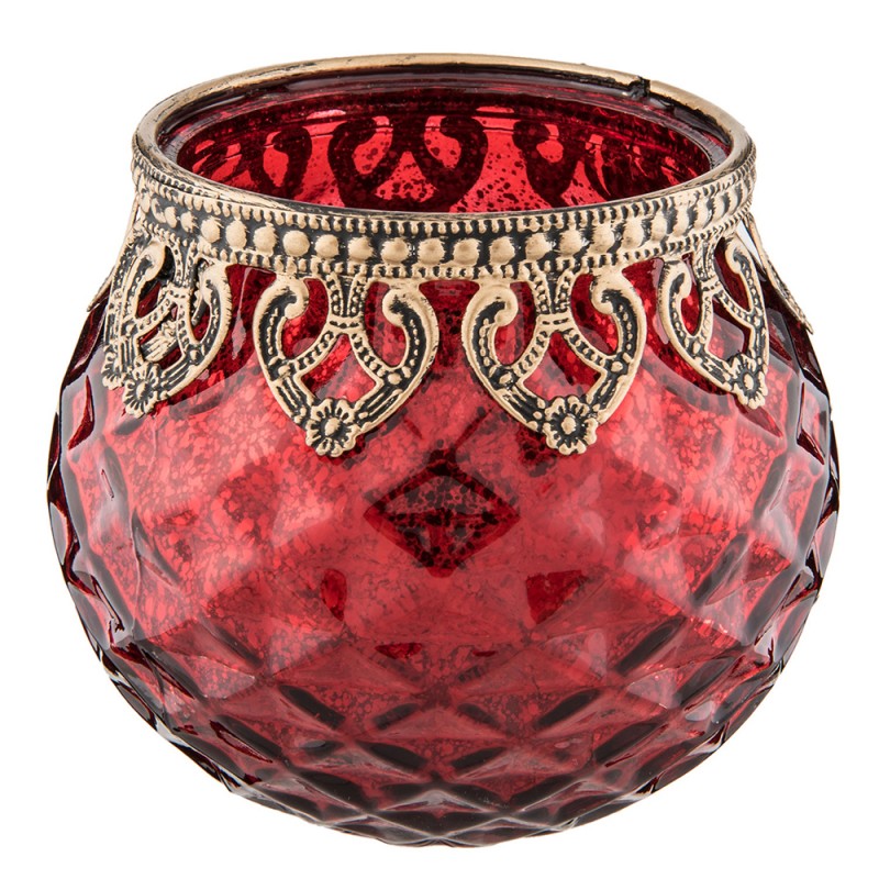 Clayre & Eef Teelichthalter Kugelform Rubinrot Rautenrelief Barocker Antikgold-Kragen Ø 10x10 cm (6GL2219R)