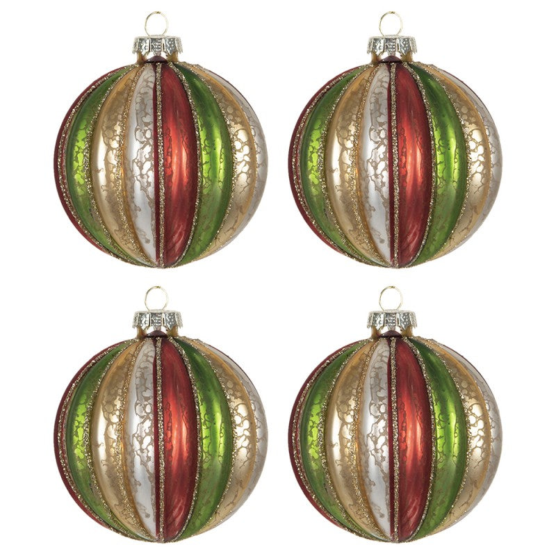 Clayre & Eef Christbaumkugeln 4er-Set aus Glas in Rot-Grün- Antikgold geriffelt, Ø 8x8 cm (6GL2737)