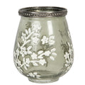 Clayre & Eef Teelichthalter Bauchige Vase Salbeigrün Weißes Blütenzweig-Relief Antiksilber Perlenkragen Ø 9x11 cm (6GL2876)