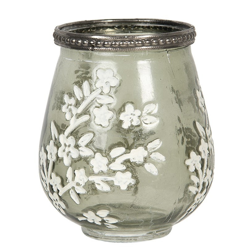 Clayre & Eef Teelichthalter Bauchige Vase Salbeigrün Weißes Blütenzweig-Relief Antiksilber Perlenkragen Ø 9x11 cm (6GL2876)