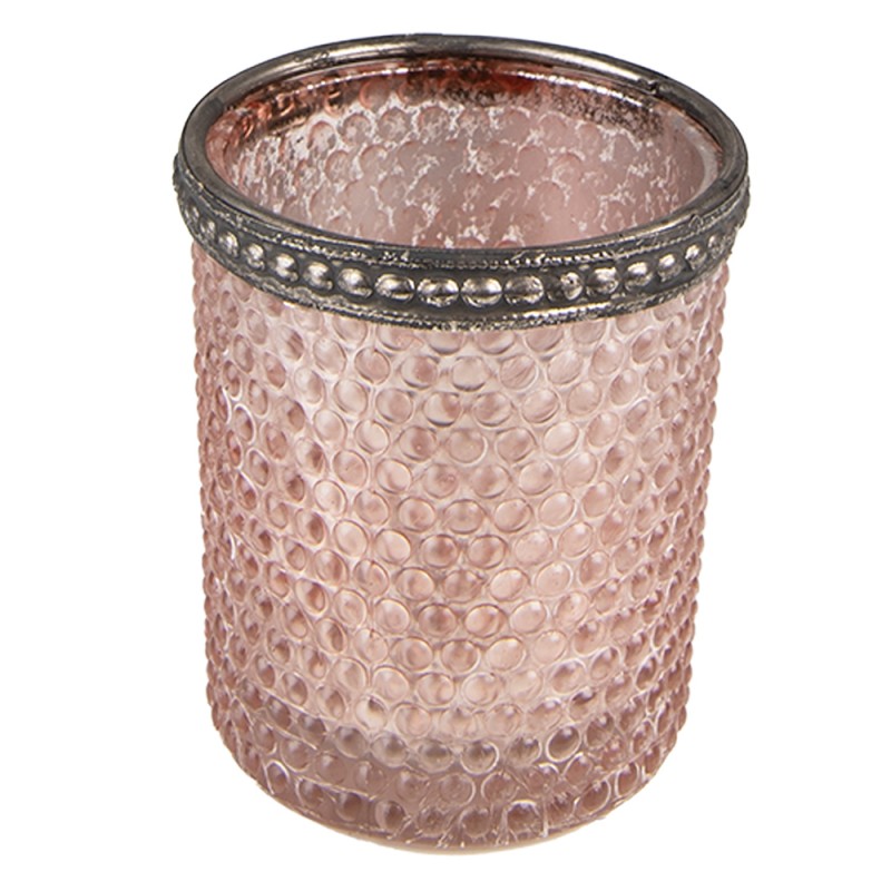 Clayre & Eef Teelichthalter Hobnail Noppenglas Zylinder Rosa Antiksilber Rand Ø 6x6 cm (6GL3976)