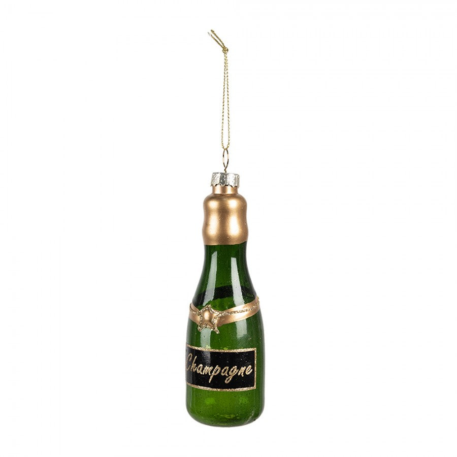 Weihnachtsanhänger Champagnerflasche Glas Grün Gold Glitzer Ø 4x12 cm von Clayre & Eef (6GL4342)