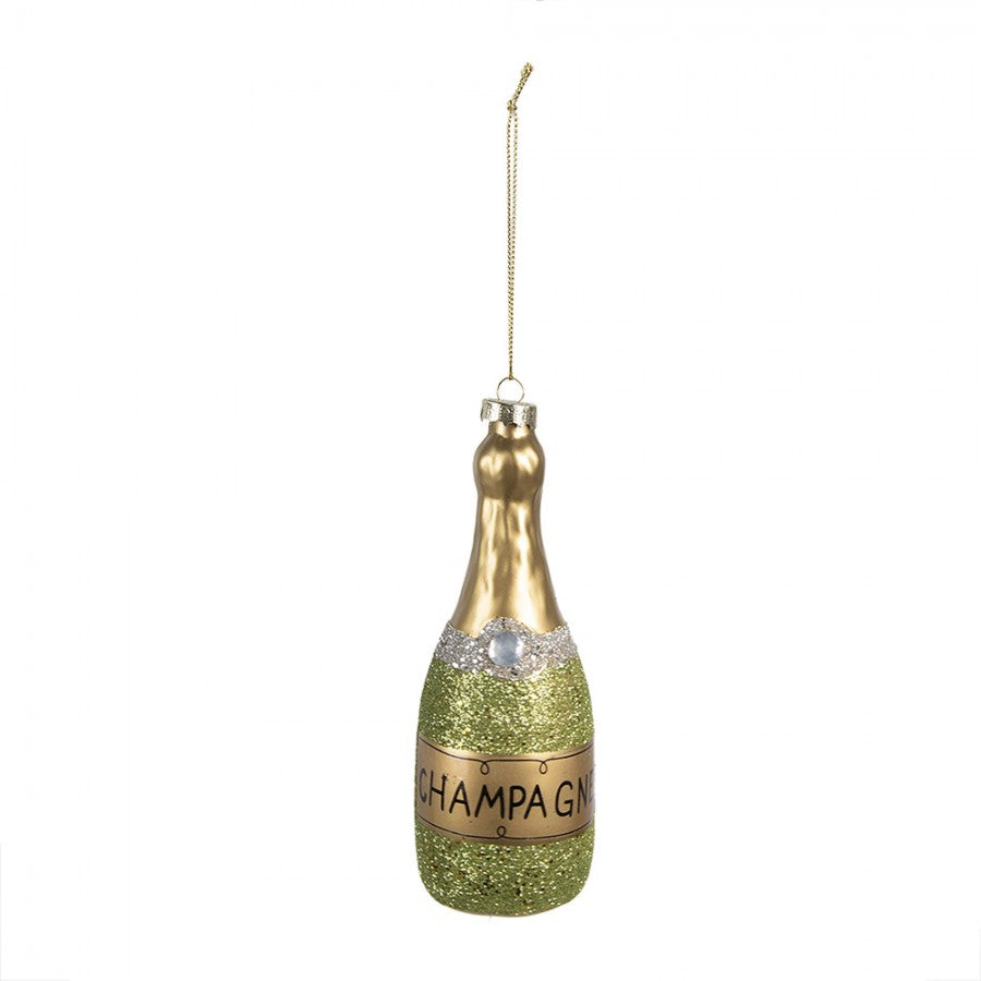 Weihnachtsanhänger Champagnerflasche Glas Grün Glitzer Gold Ø 5x14 cm von Clayre & Eef (6GL4345)