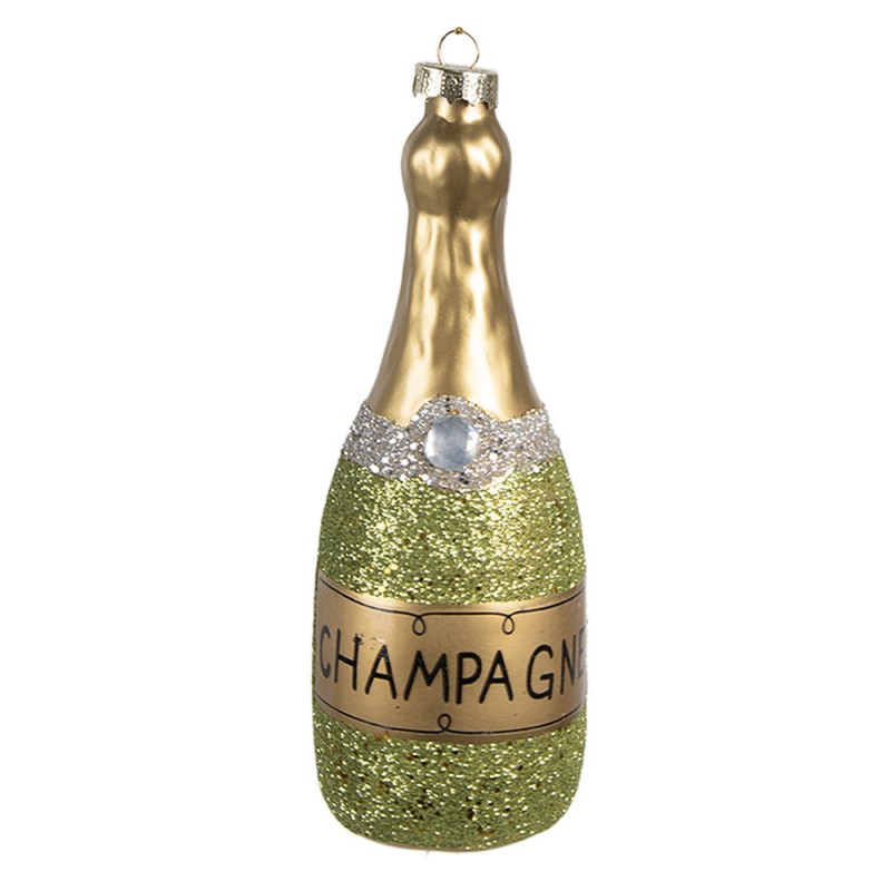 Weihnachtsanhänger Champagnerflasche Glas Grün Glitzer Gold Ø 5x14 cm von Clayre & Eef (6GL4345)