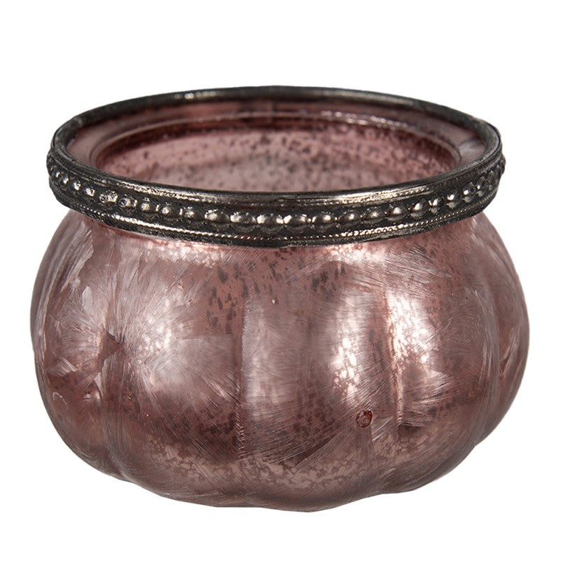 Clayre & Eef Teelichthalter Bauchig Mauve Eisblumen Antiksilber Perlenrand Ø 9x6 cm (6GL4380)