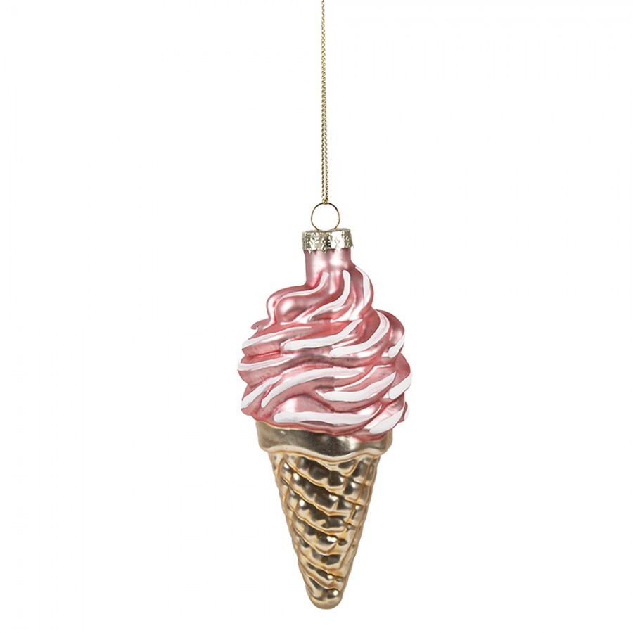 Clayre & Eef Christbaumanhänger „Eistüte“ aus Glas in Rosa-Goldfarben, Ø 7x14 cm (6GL4604)