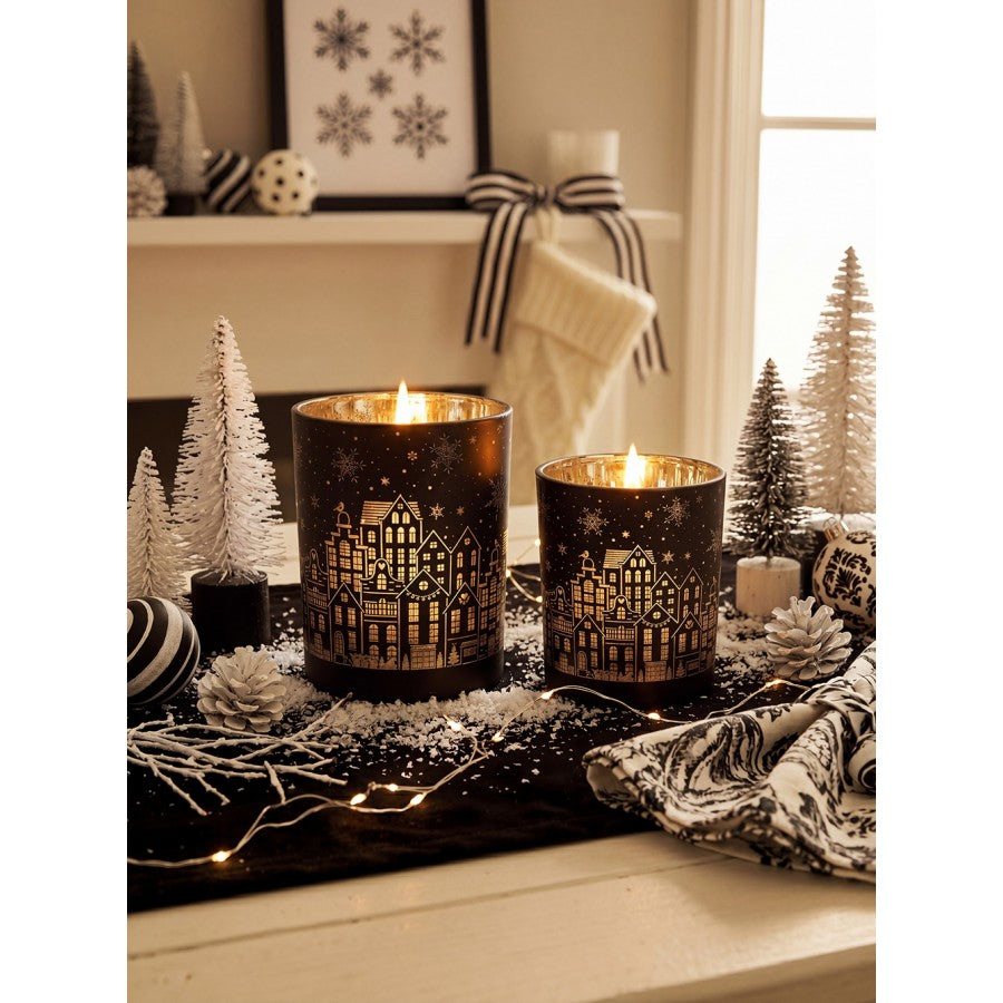 Clayre & Eef Teelichthalter Windlicht 2er-Set Schwarz Gold Innenspiegelung Winterliche Haeuserzeile Ø 9x10 & 10x12 cm (6GL4606)