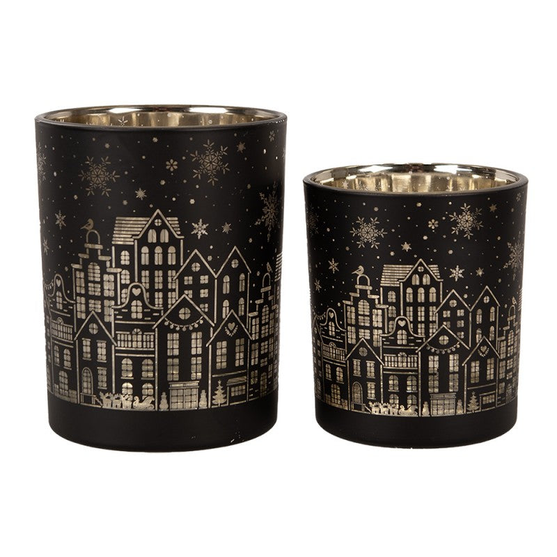 Clayre & Eef Teelichthalter Windlicht 2er-Set Schwarz Gold Innenspiegelung Winterliche Haeuserzeile Ø 9x10 & 10x12 cm (6GL4606)