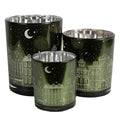 Clayre & Eef Teelichthalter Windlicht 3er-Set Glas Dunkelgruen Bauernsilber Altstadt Grachtenhaeuser Sterne (6GL4655)