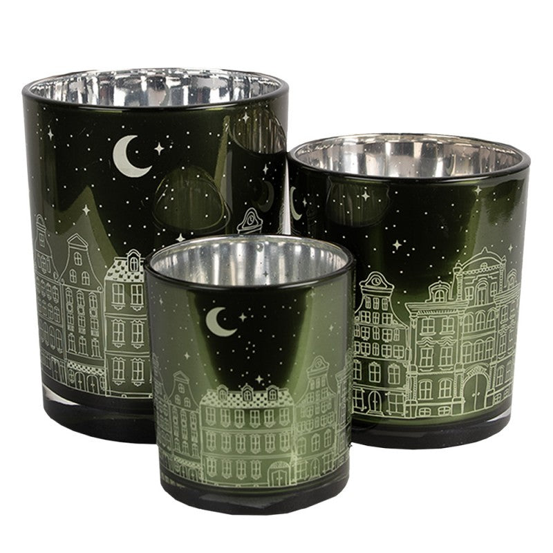 Clayre & Eef Teelichthalter Windlicht 3er-Set Glas Dunkelgruen Bauernsilber Altstadt Grachtenhaeuser Sterne (6GL4655)