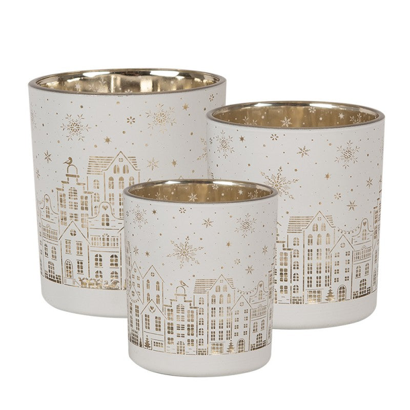 Clayre & Eef Teelichthalter Windlicht 3er-Set Glas Schneeweiss Bauernsilber Gold Winterstadt Schneeflocken (6GL4657)