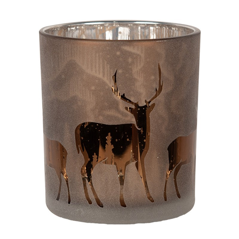 Clayre & Eef Teelichthalter Hirsch Bergwald Silhouette Taupe Braun Bauernsilber Spiegeleffekt Ø 7x8 cm (6GL4660)