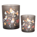 Clayre & Eef Teelichthalter Windlicht 2er-Set Rauchgrau Satiniert Voegel auf Beerenzaweigen Ø 7x8 & 10x13 cm (6GL4954)