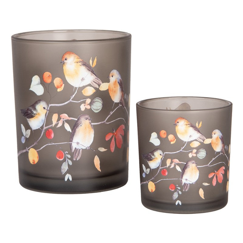 Clayre & Eef Teelichthalter Windlicht 2er-Set Rauchgrau Satiniert Voegel auf Beerenzaweigen Ø 7x8 & 10x13 cm (6GL4954)