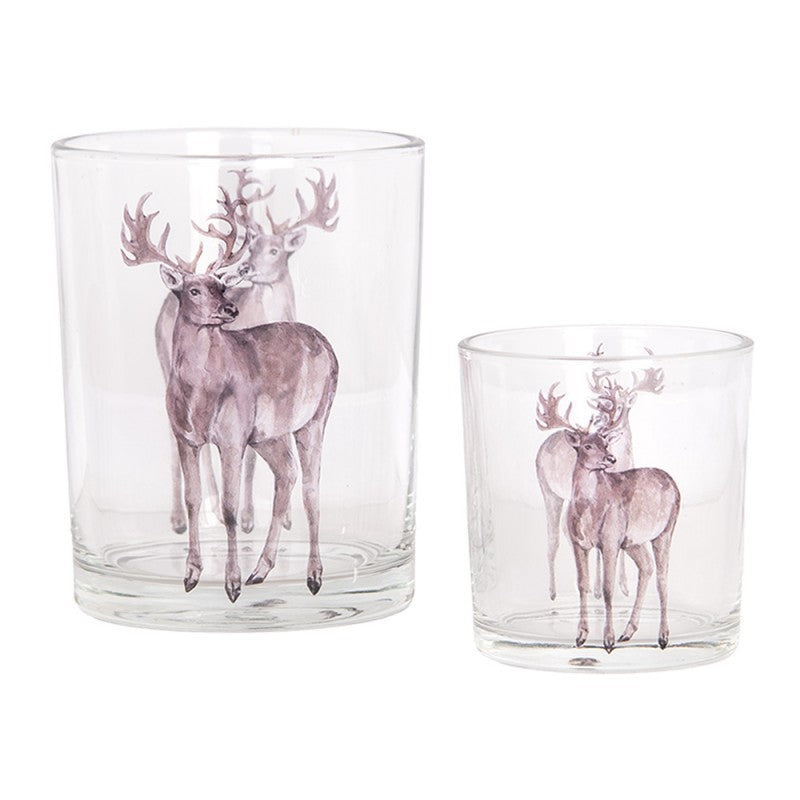 Clayre & Eef Teelichthalter Windlicht 2er-Set Klarglas Hirsch Duo Aquarell Chalet Stil Ø 7x8 & 10x13 cm (6GL4964)