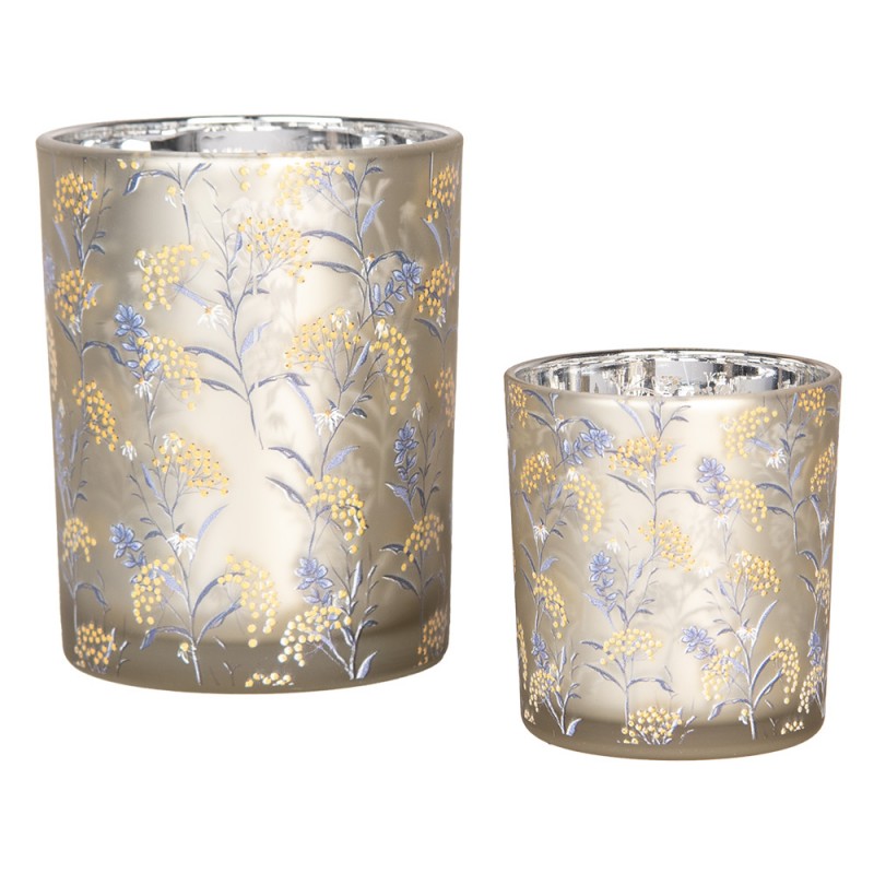 Clayre & Eef Teelichthalter Windlicht 2er-Set Glas Rauchgrau Bauernsilber Gelbe Mimosen Wiesenblumen (6GL4966)