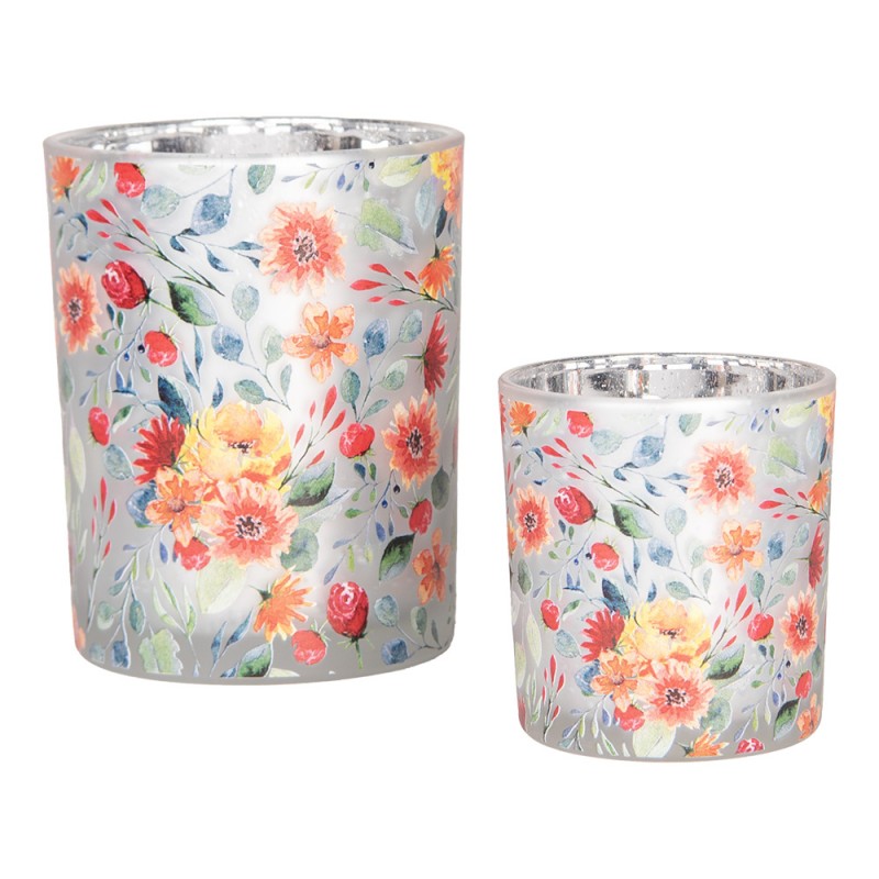 Clayre & Eef Teelichthalter Windlicht 2er-Set Glas Eissilber Bauernsilber Bunte Sommerblumen Aquarell (6GL4968)